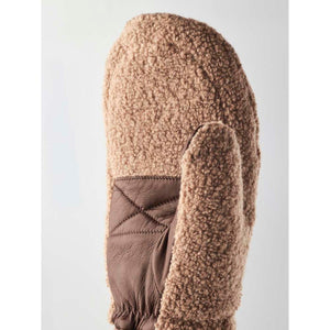Hestra brown teddy fleece mitten with leather palm detail