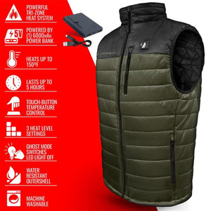 ActionHeat olive green heated vest with power bank and feature list infographic