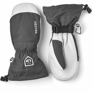 Hestra grey and white winter mittens with adjustable wrist straps and carabiner clip