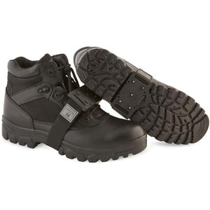Black work boot with attached ice cleat traction device
