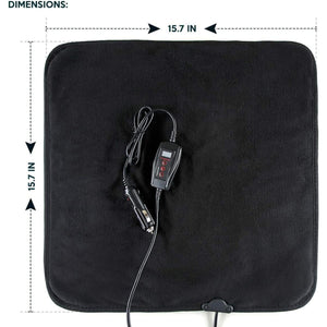 Black square heated seat cushion with 15.7 inch by 15.7 inch dimensions and car power adapter