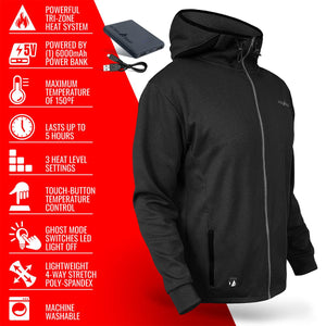 ActionHeat black hooded jacket with power bank and feature list icons