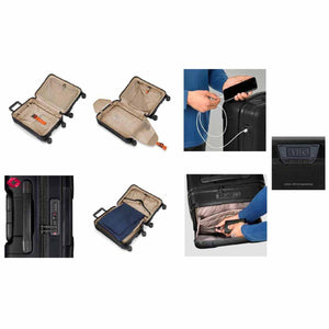 Briggs and Riley suitcase features including interior compartments, USB charging port, TSA lock, and monogramming