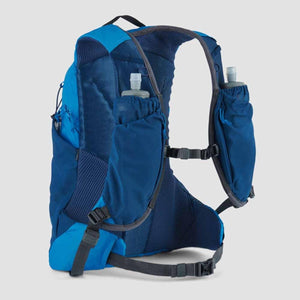 Blue hydration backpack with two water bottles in shoulder strap pockets