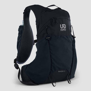 Black Ultimate Direction Blazek 10 hydration backpack with mesh shoulder strap and water bottle pocket