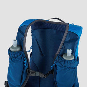 Blue running hydration vest with two water flasks in front pockets