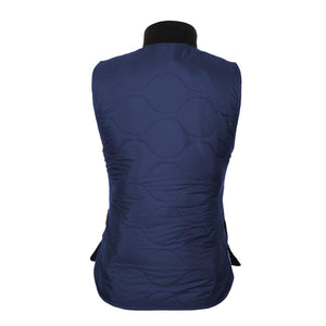 Back view of a navy blue Mobile Warming quilted vest with a black collar