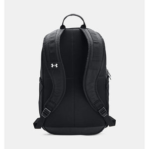 Back view of black Under Armour backpack showing mesh padded straps and back panel