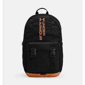 Under Armour black backpack with orange logo and buckle front pocket