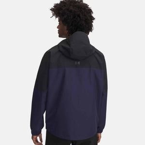 Back view of Under Armour hooded windbreaker in black and navy blue