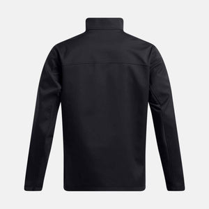 Back view of a black Under Armour softshell jacket with a high collar