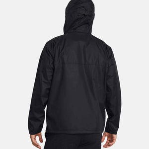 Back view of a black Under Armour hooded windbreaker jacket
