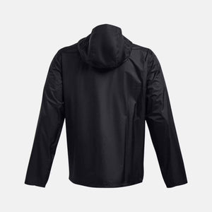 Back view of a black Under Armour hooded windbreaker jacket