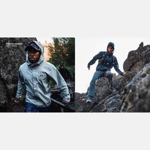 Under Armour athlete Tarrence Gordwin wearing a hooded jacket while hiking and climbing rocky terrain