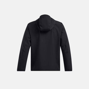 Back view of a black Under Armour hooded jacket