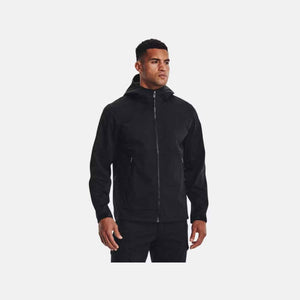 Man wearing a black Under Armour hooded softshell jacket with a full front zipper