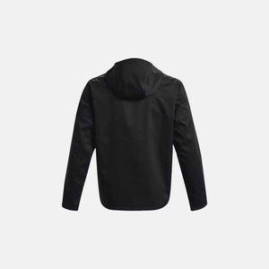 Back view of a black Under Armour hooded jacket
