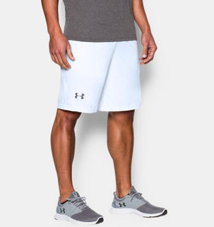 Under Armour white athletic shorts on a person wearing a grey t-shirt and grey sneakers