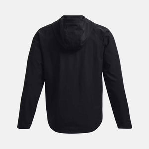 Back view of a black Under Armour hooded windbreaker jacket