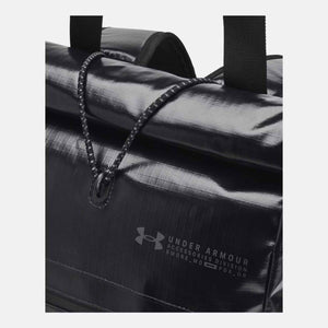 Under Armour black roll top bag detail with elastic cord and logo print