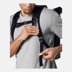 Under Armour backpack strap with adjustable leveling system on a person