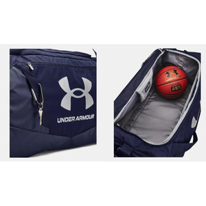 Under Armour navy blue duffel bag with exterior logo and interior basketball