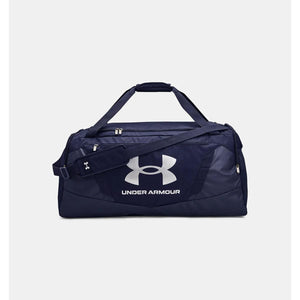Navy blue Under Armour duffel bag with silver logo
