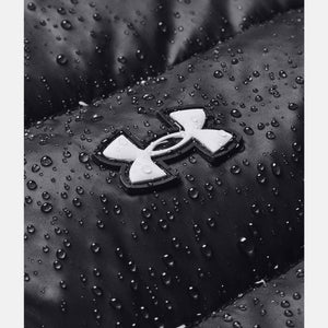 Under Armour logo on black water repellent fabric with water droplets