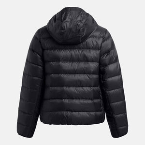 Back view of black Under Armour hooded puffer jacket