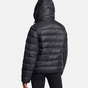 Back view of Under Armour black hooded puffer jacket
