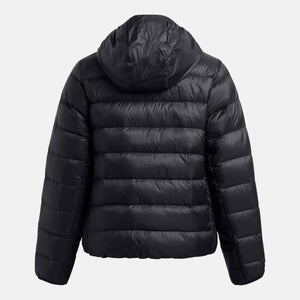 Back view of a black Under Armour hooded puffer jacket