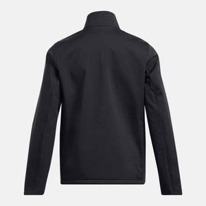 Back view of a black long sleeve softshell jacket with a high collar