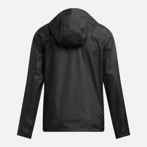 Back view of a black Under Armour hooded rain jacket