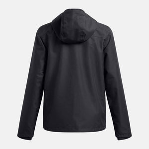 Back view of a black Under Armour hooded rain jacket