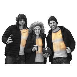 Three people wearing heated base layers under winter jackets