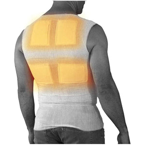 Person wearing a white compression vest with four glowing orange heat zones on the back