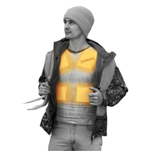 Man wearing a heated base layer vest under a camouflage jacket