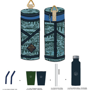 United by Blue drinkware set including patterned bottle carrier, two tumblers, straws, and a stainless steel bottle