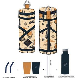 United by Blue tumbler set with patterned carrying case, two stainless steel tumblers, straws, and a water bottle