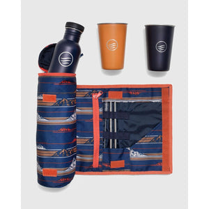 United by Blue insulated bottle set with two tumblers and a mountain print roll up carrying case