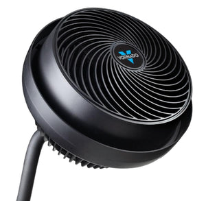 Black Vornado pedestal fan head with spiral grille