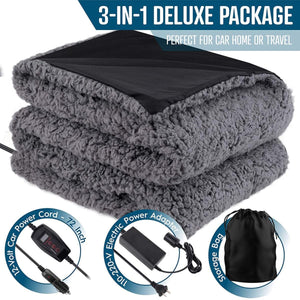 Zone Tech 3-in-1 deluxe heated blanket with car power cord, electric power adapter, and storage bag