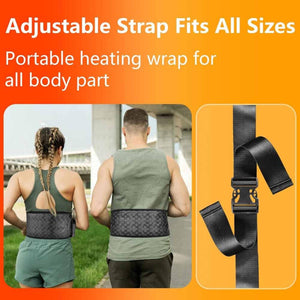 UTK Technology portable heating wrap with adjustable strap shown on two people and as a standalone strap
