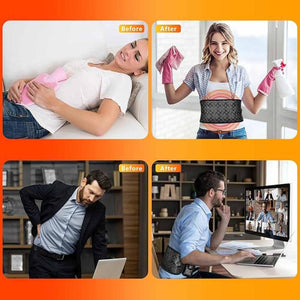 UTK Technology heating belt shown in before and after scenarios for home and office use