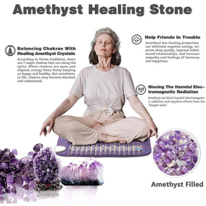 UTK Technology amethyst healing stone mat with informational text about chakra balancing and radiation protection