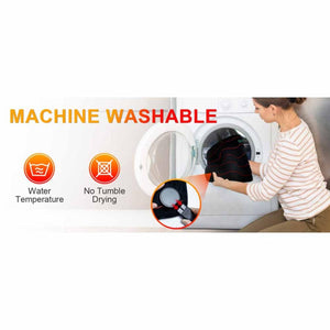 UTK Technology heating pad being placed in a washing machine with care instructions for water temperature and no drying