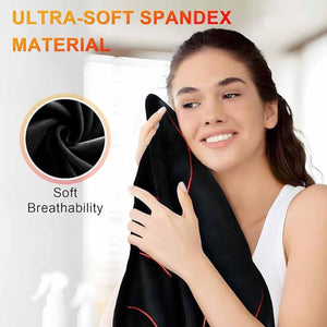 Woman holding a black spandex fabric against her cheek with a circular inset showing the fabric texture