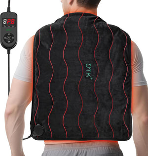 UTK Technology black heating pad with red wavy lines worn on back with digital controller