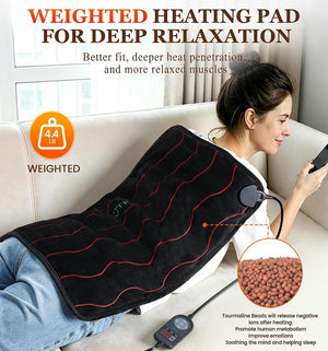 UTK Technology weighted heating pad with tourmaline beads on a person sitting on a sofa