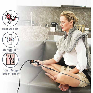 Woman using UTK Technology heating pad with fast heat 4 hour auto off and adjustable temperature range features